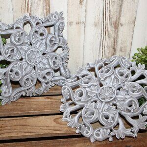 Pair of Ornate Shabby Chic Frosted Gray Wall Decor Medallion Plaques